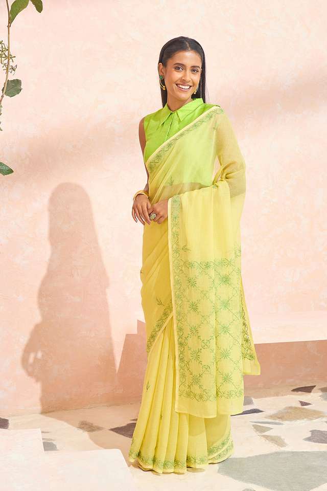 Light Yellow Pure Cotton Kota Chikankari Saree image number