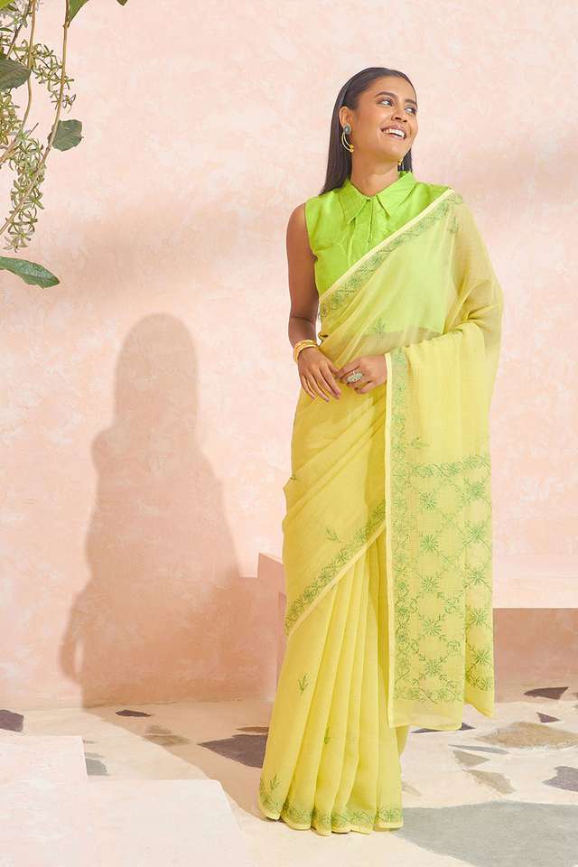 Light Yellow Pure Cotton Kota Chikankari Saree thumbnail image number null