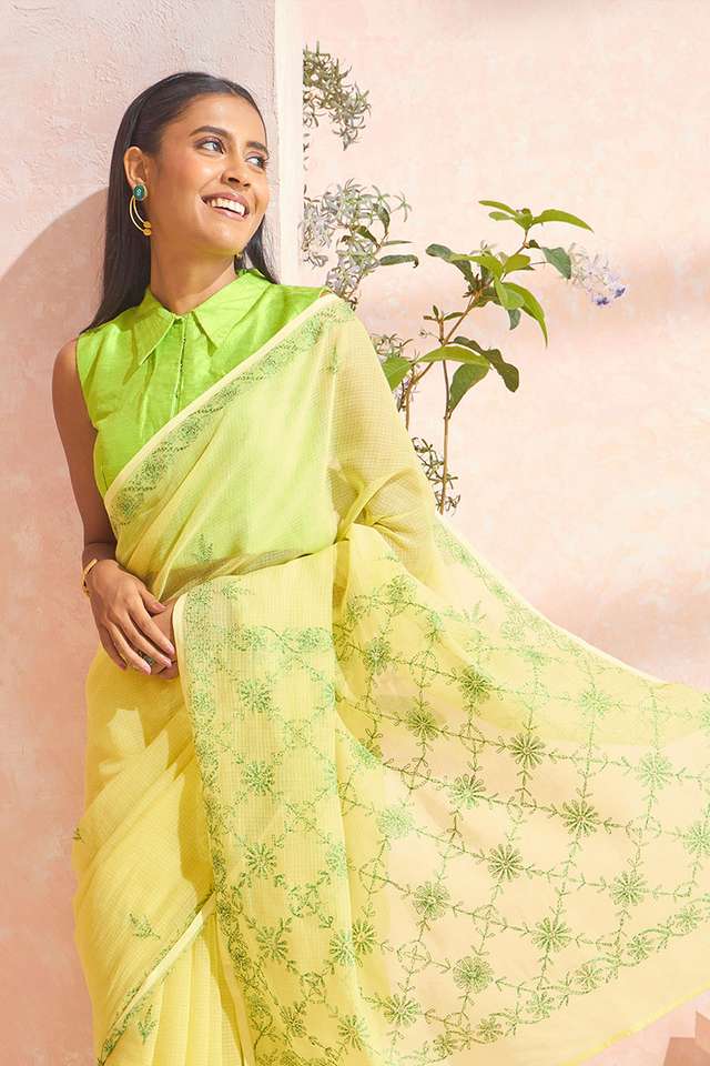 Light Yellow Pure Cotton Kota Chikankari Saree thumbnail image number null