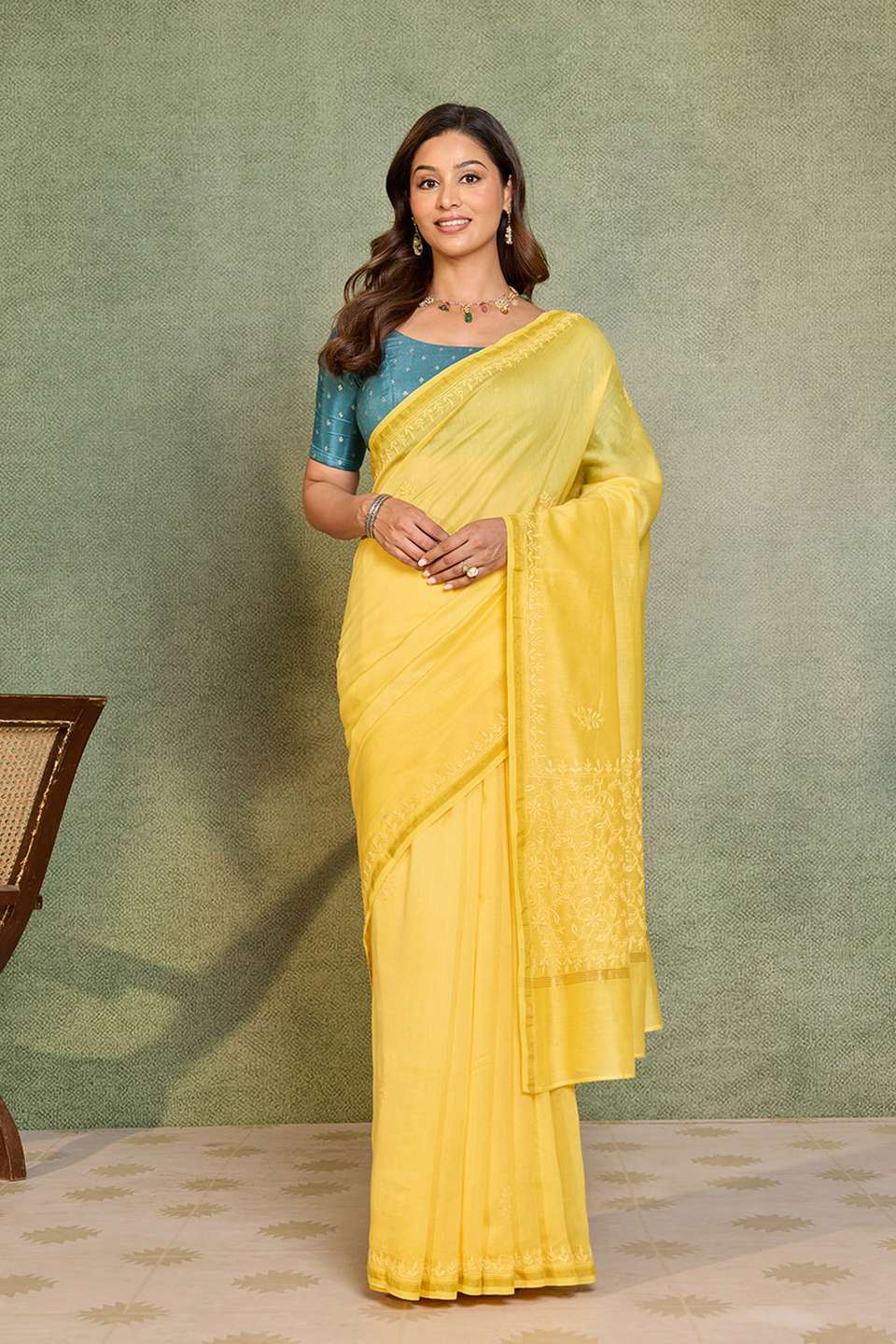 Yellow Lucknow Pure Silk Cotton Chikankari Saree