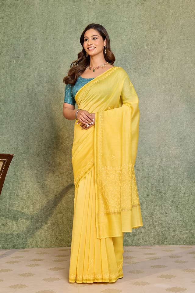Yellow Lucknow Pure Silk Cotton Chikankari Saree thumbnail image number null