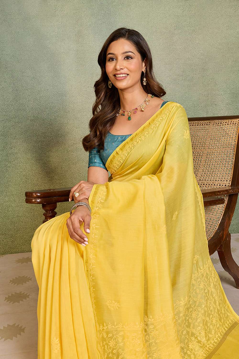 Yellow Lucknow Pure Silk Cotton Chikankari Saree image number null