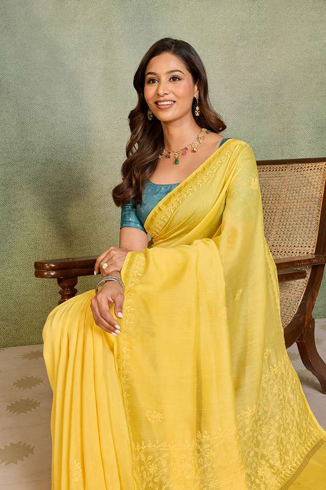 Yellow Lucknow Pure Silk Cotton Chikankari Saree thumbnail image number null