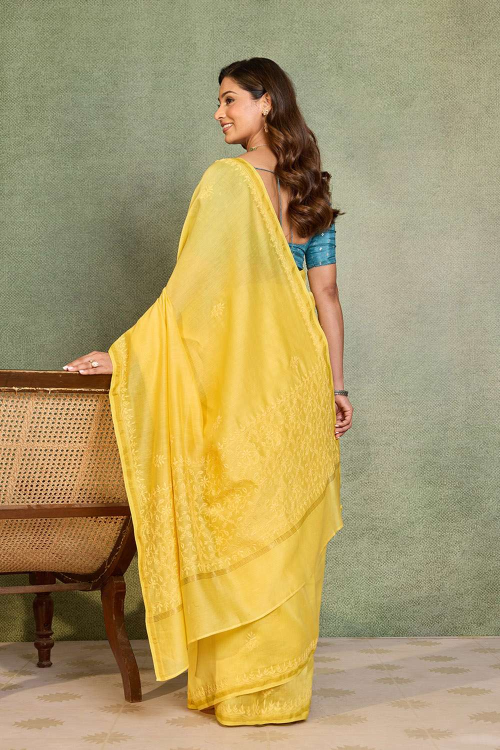 Yellow Lucknow Pure Silk Cotton Chikankari Saree image number null