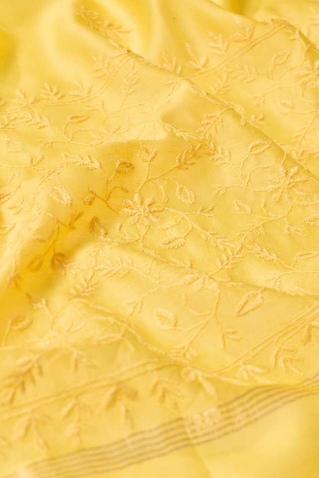 Yellow Lucknow Pure Silk Cotton Chikankari Saree thumbnail image number null