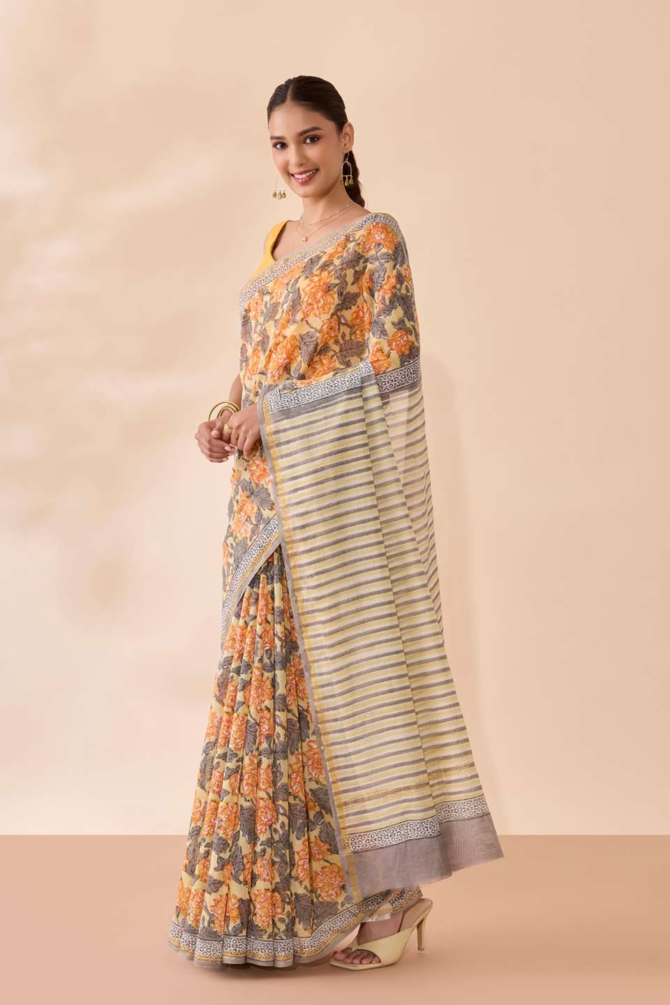 Light Yellow Rajasthan Pure Silk Cotton Printed Sanganeri Saree
