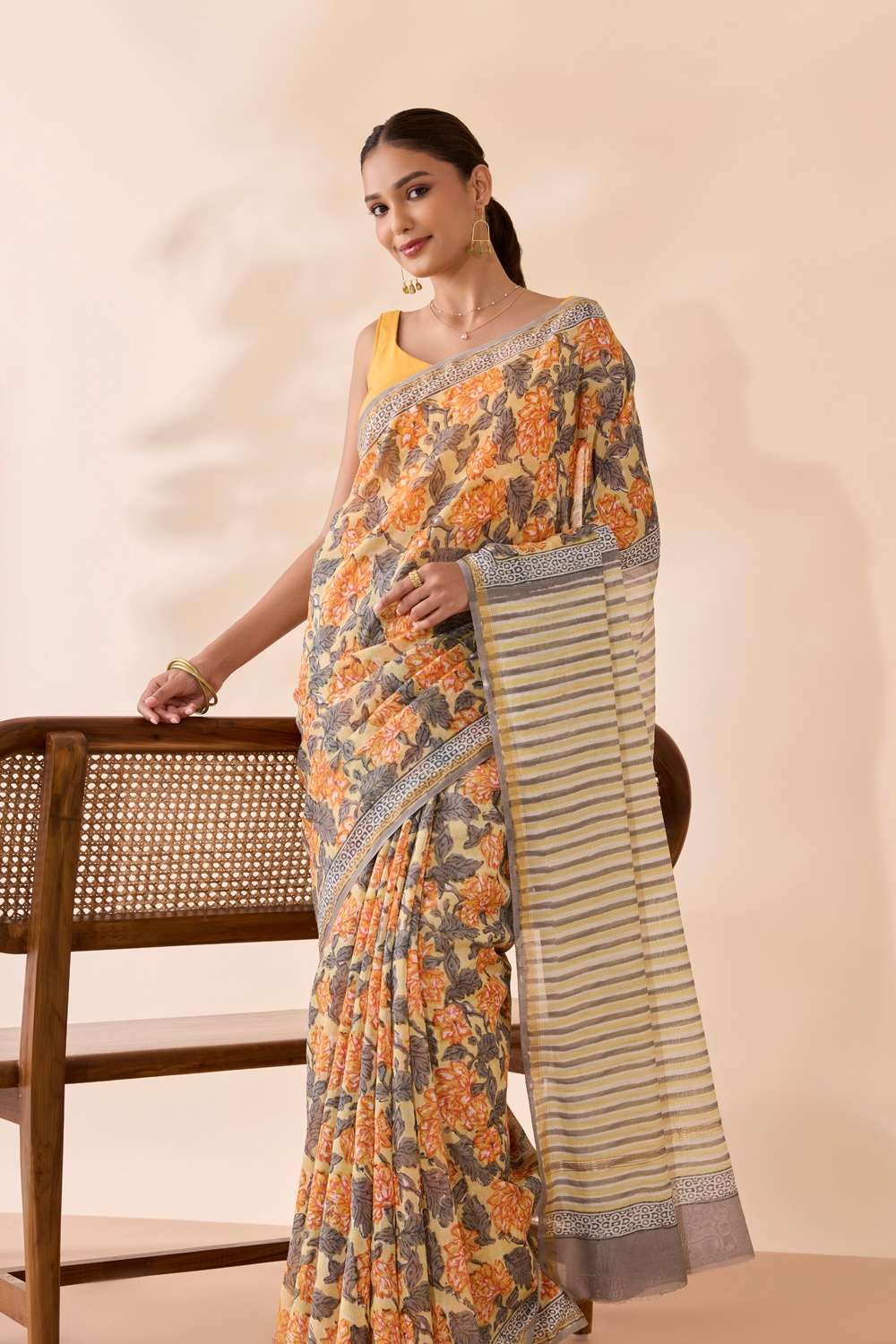 Light Yellow Rajasthan Pure Silk Cotton Printed Sanganeri Saree image number null