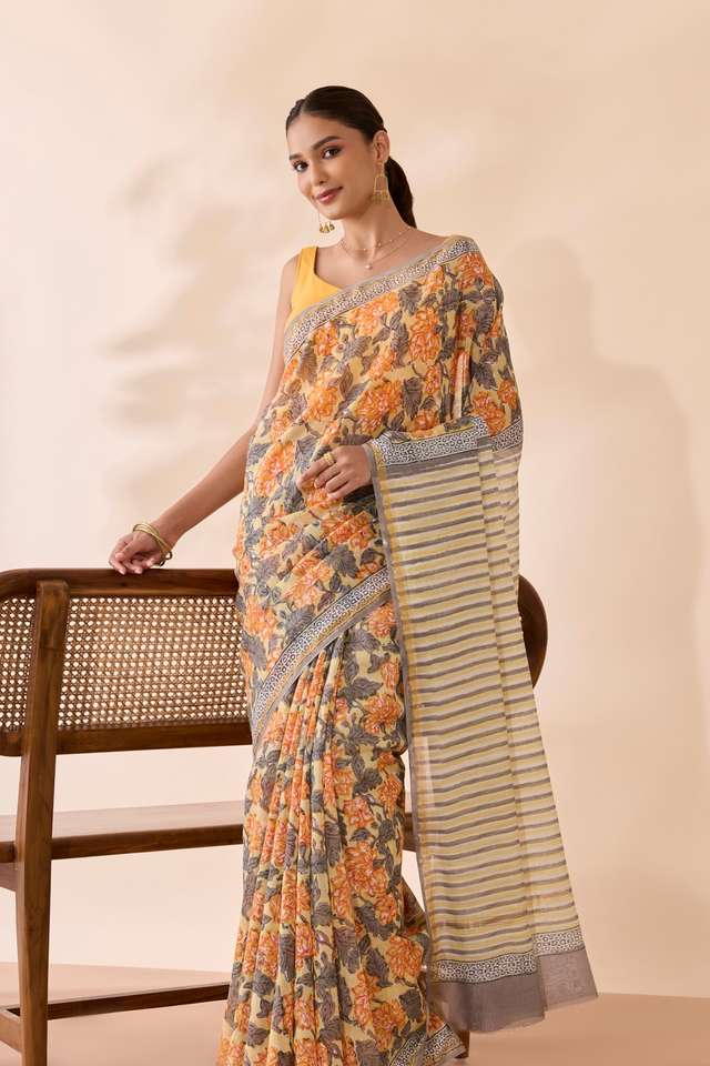 Light Yellow Rajasthan Pure Silk Cotton Printed Sanganeri Saree thumbnail image number null