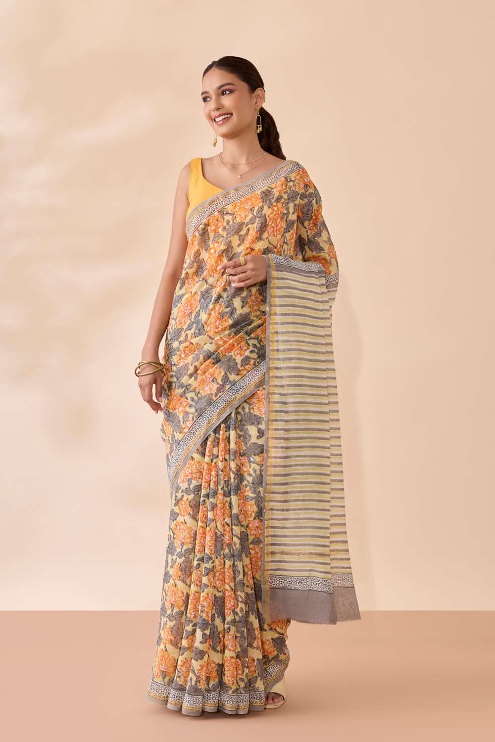 Light Yellow Rajasthan Pure Silk Cotton Printed Sanganeri Saree image number null