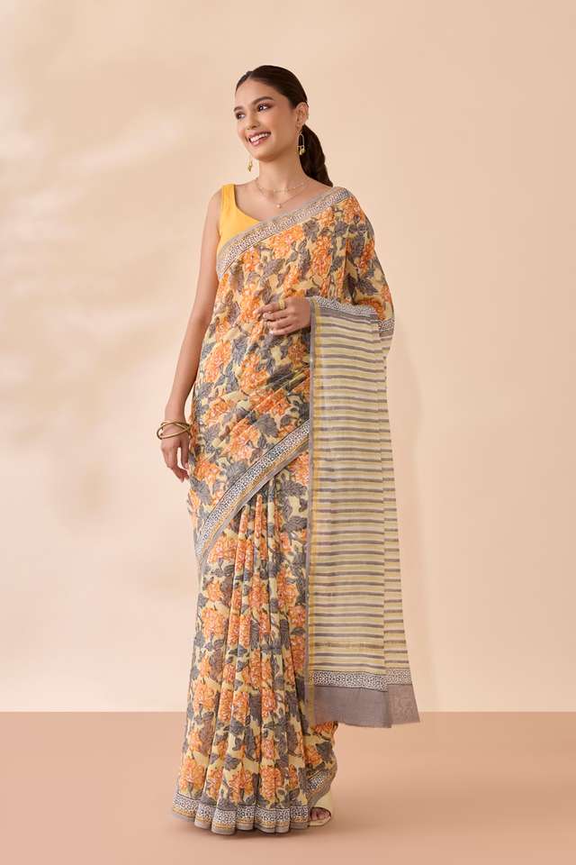 Light Yellow Rajasthan Pure Silk Cotton Printed Sanganeri Saree thumbnail image number null