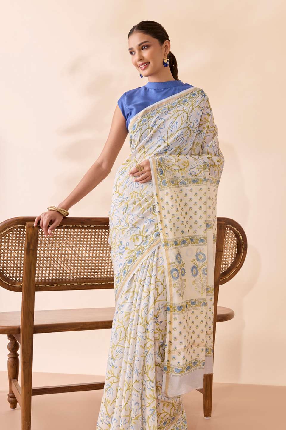 Light Blue Rajasthan Pure Silk Cotton Printed Sanganeri Saree