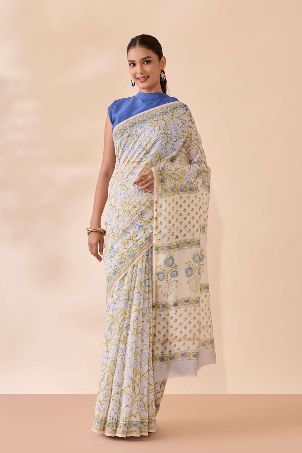 Light Blue Rajasthan Pure Silk Cotton Printed Sanganeri Saree image number null