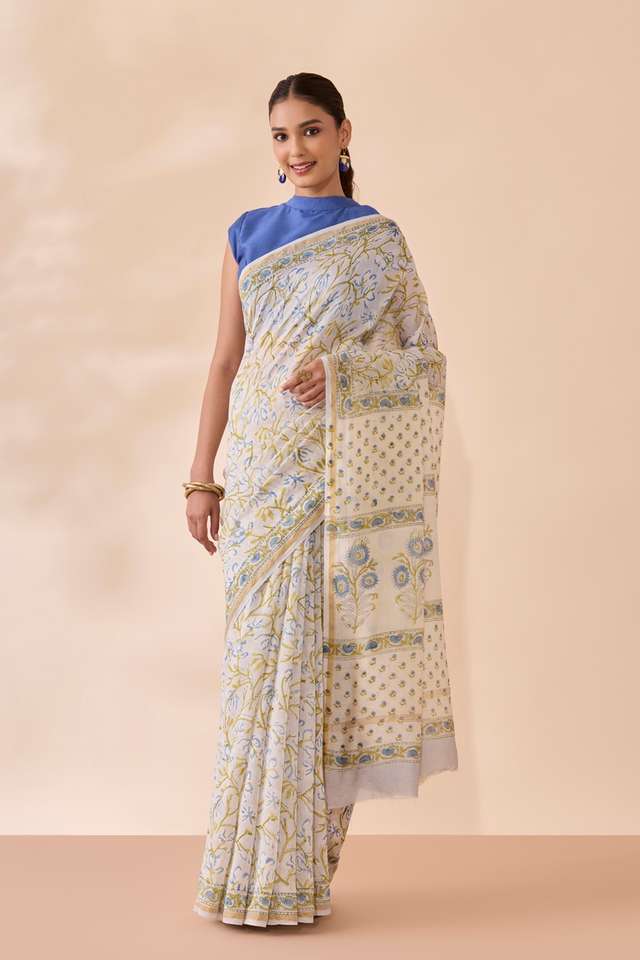 Light Blue Rajasthan Pure Silk Cotton Printed Sanganeri Saree thumbnail image number null