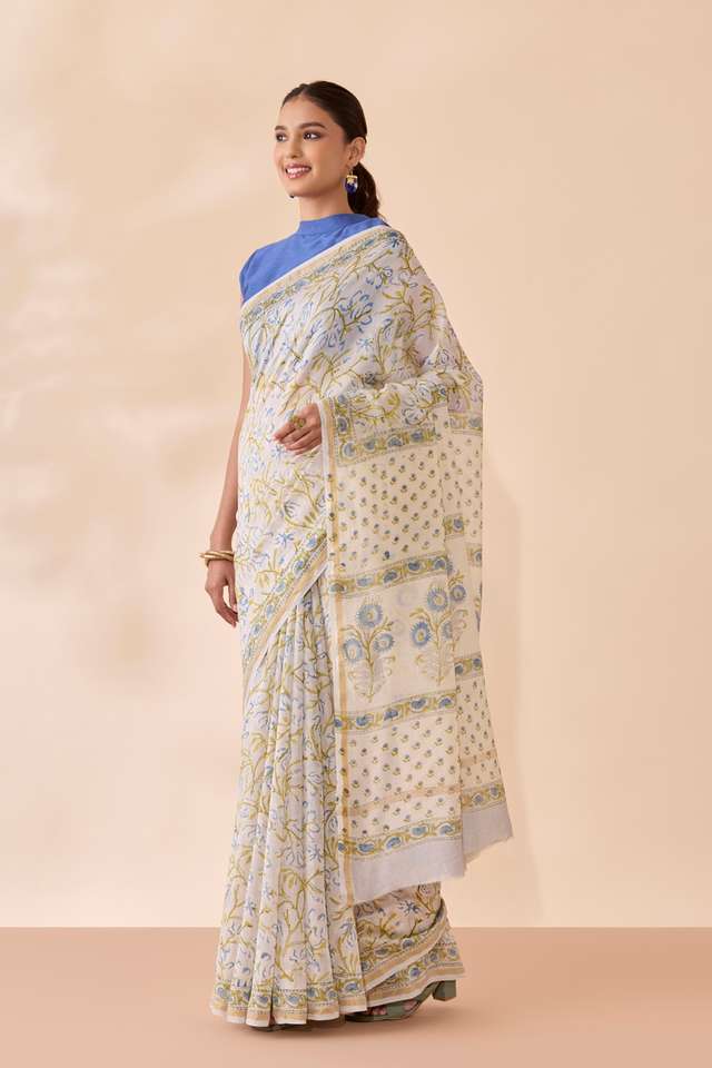 Light Blue Rajasthan Pure Silk Cotton Printed Sanganeri Saree thumbnail image number null