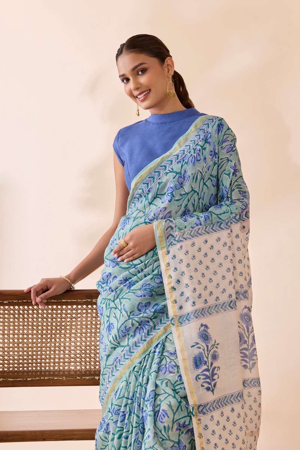 Light Blue Rajasthan Pure Silk Cotton Printed Sanganeri Saree image number null