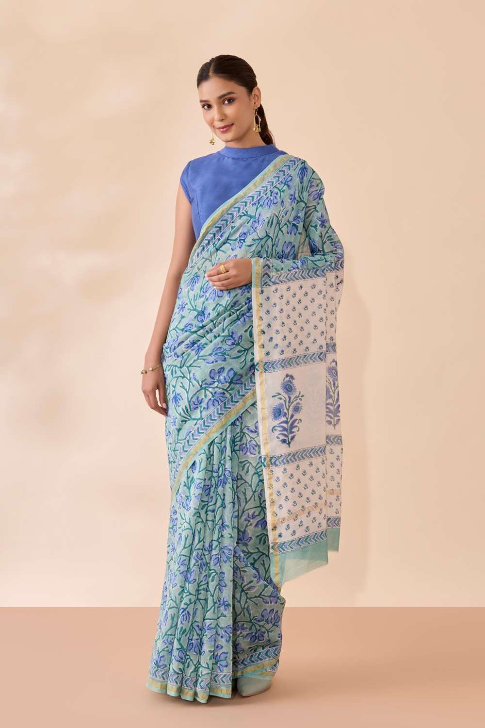 Light Blue Rajasthan Pure Silk Cotton Printed Sanganeri Saree image number null