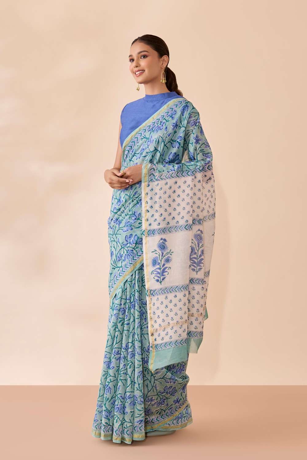 Light Blue Rajasthan Pure Silk Cotton Printed Sanganeri Saree image number null