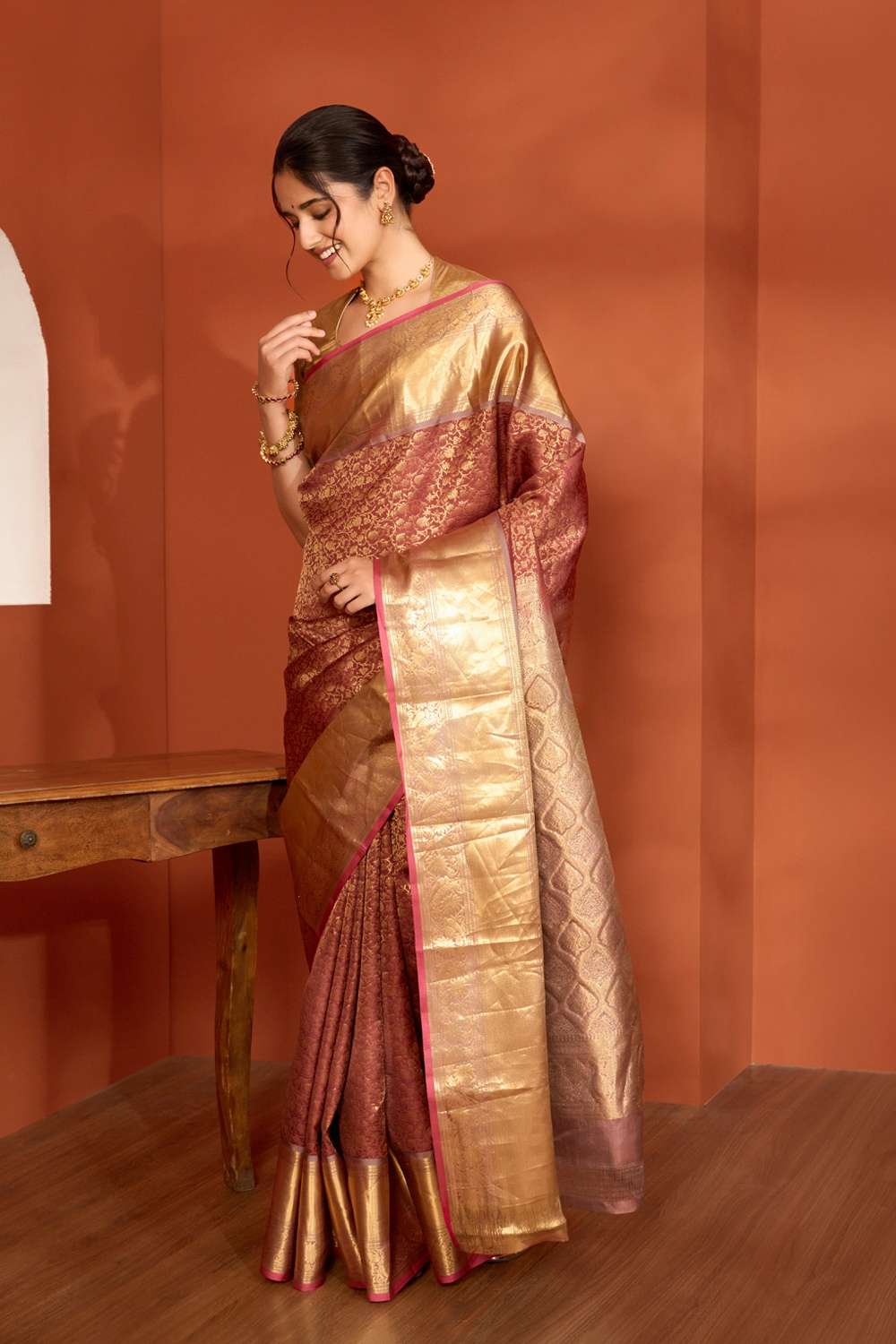 Brown Woven Kanjeevaram Inspired Design Silk Viscose Saree image number null
