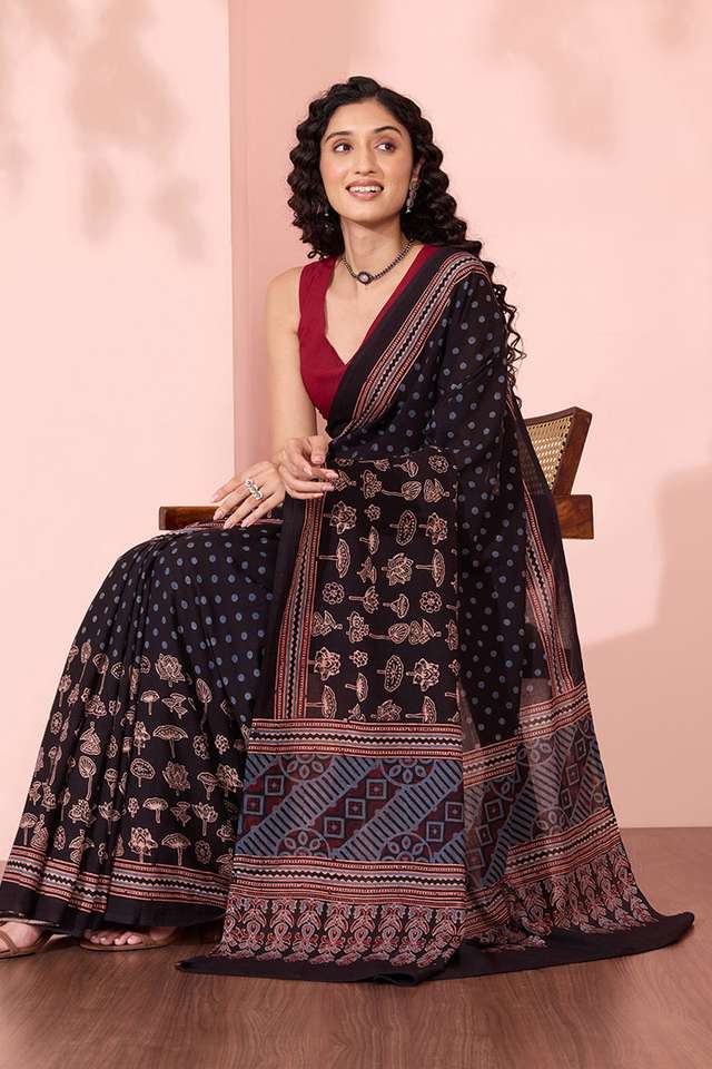 Black Gujarat Pure Cotton Ajrakh Saree thumbnail image number null