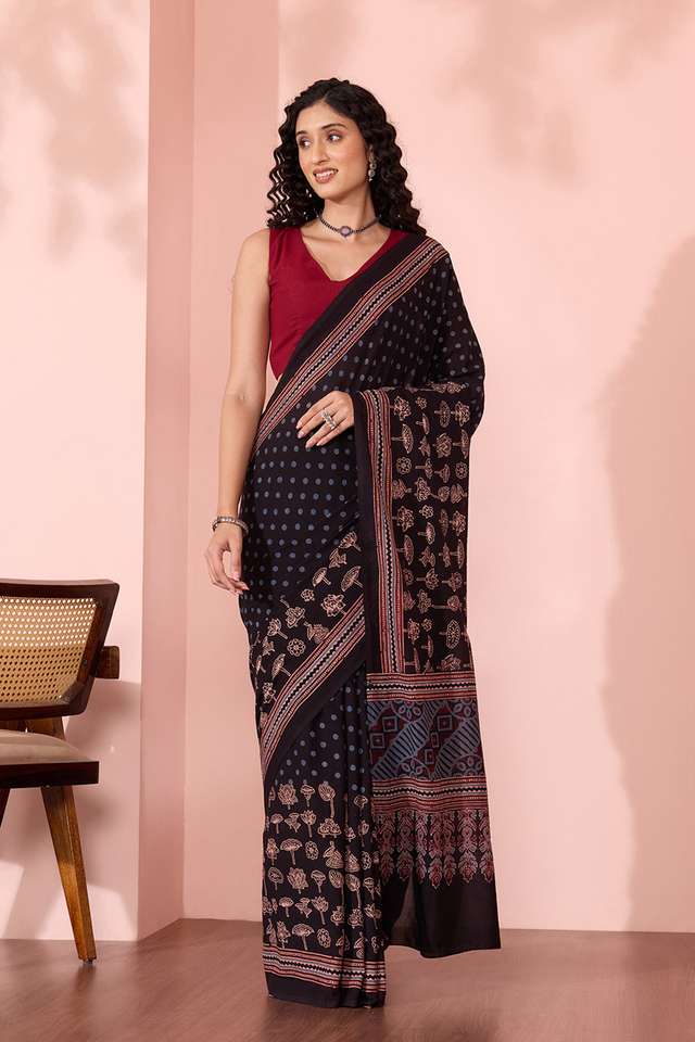 Black Gujarat Pure Cotton Ajrakh Saree thumbnail image number null