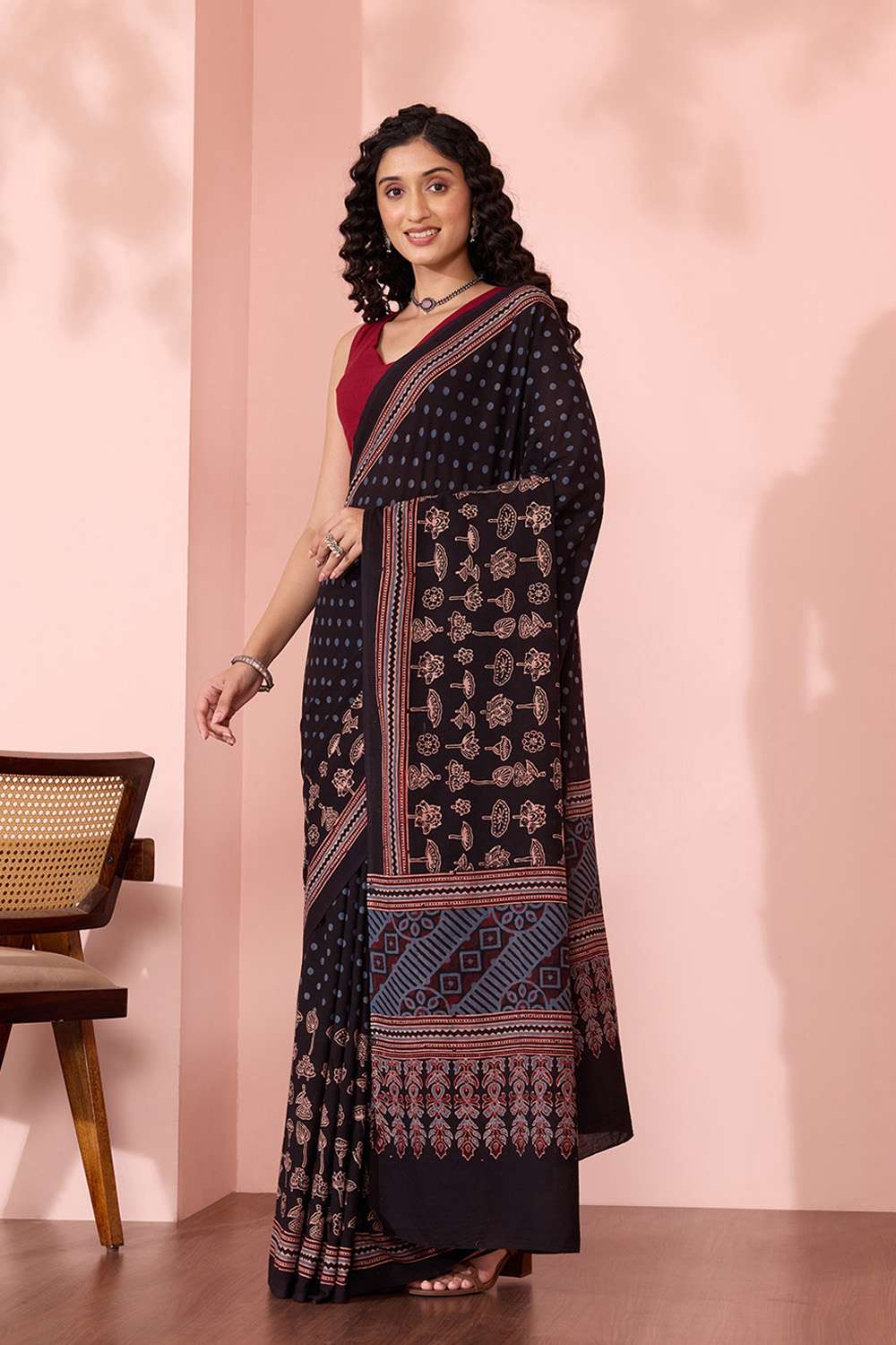 Black Gujarat Pure Cotton Ajrakh Saree image number null