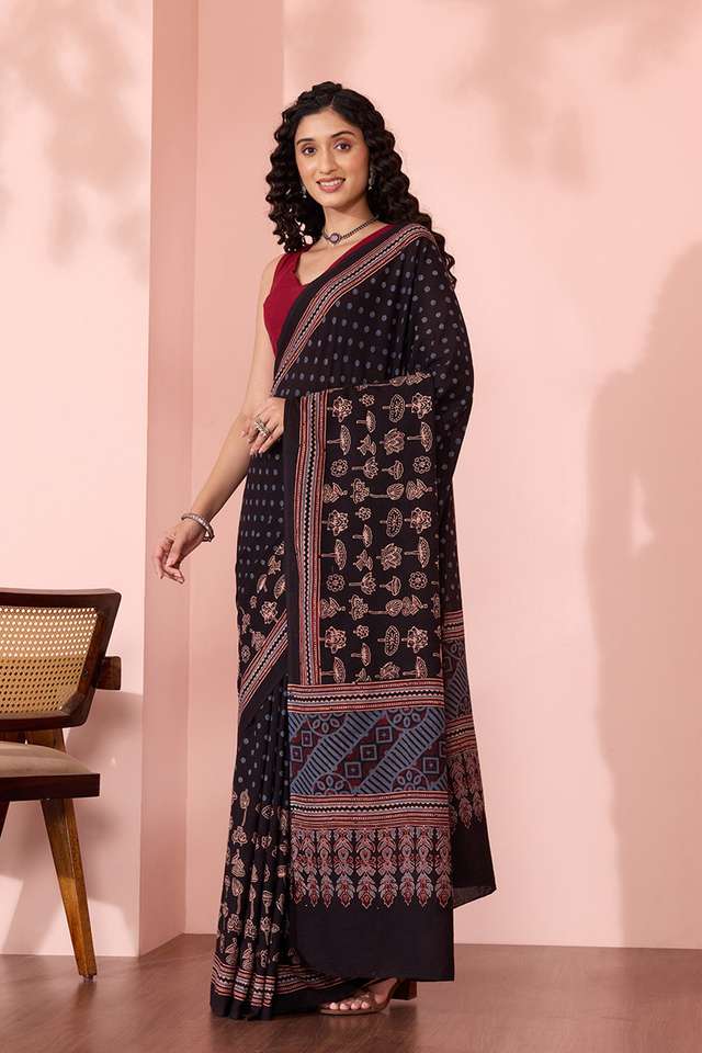 Black Gujarat Pure Cotton Ajrakh Saree thumbnail image number null