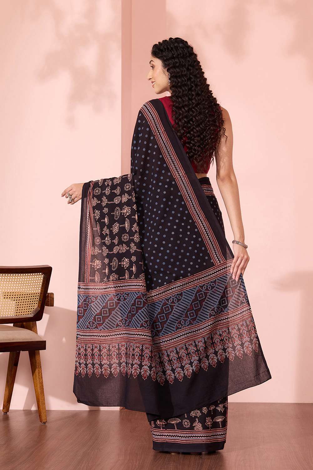 Black Gujarat Pure Cotton Ajrakh Saree image number null