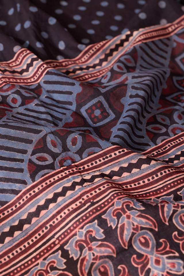 Black Gujarat Pure Cotton Ajrakh Saree thumbnail image number null