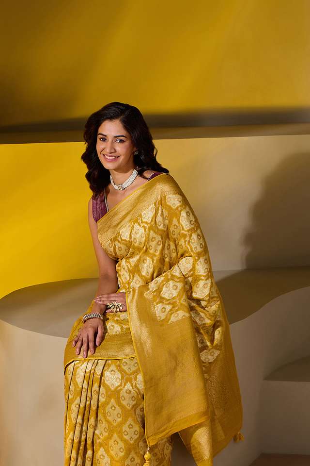 Yellow Woven Viscose Georgette Saree thumbnail image number null