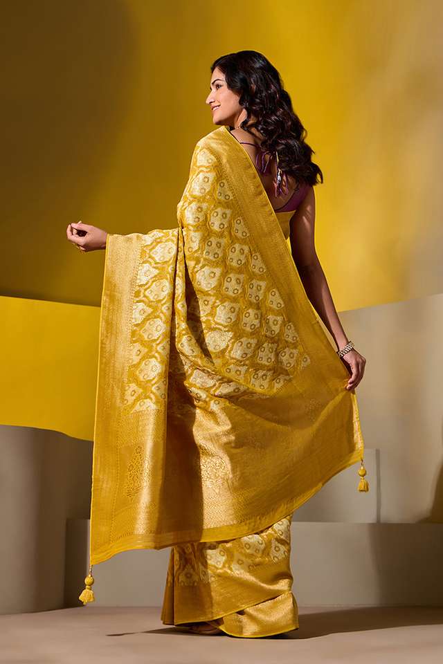 Yellow Woven Viscose Georgette Saree thumbnail image number null