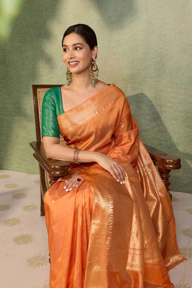 Orange Silk Viscose Kadwa Banarasi Saree image number