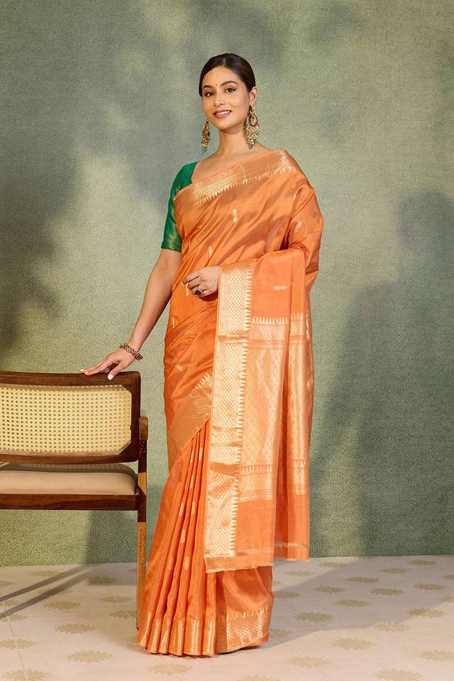 Orange Silk Viscose Kadwa Banarasi Saree thumbnail image number null