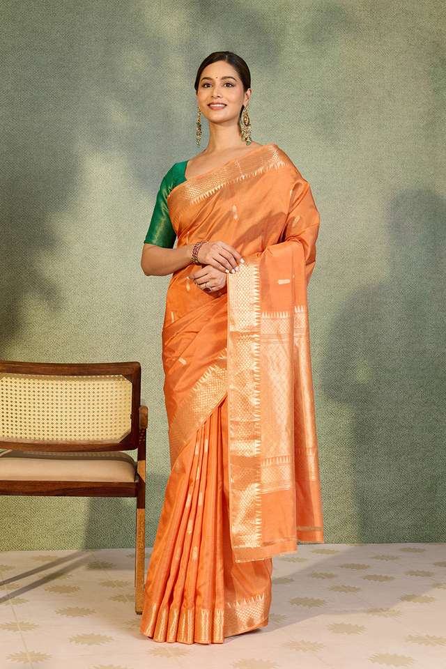 Orange Silk Viscose Kadwa Banarasi Saree thumbnail image number null