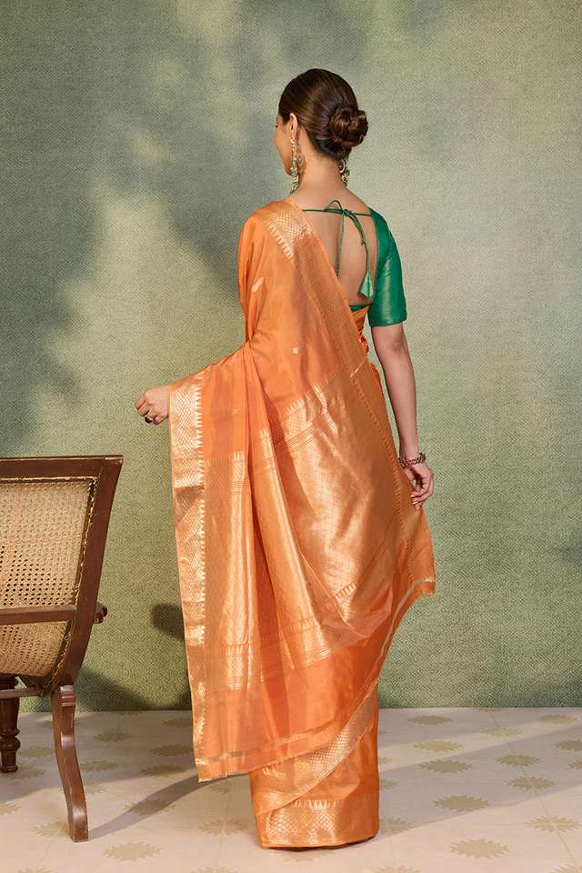 Orange Silk Viscose Kadwa Banarasi Saree thumbnail image number null