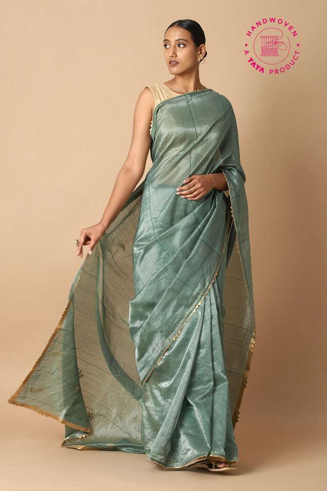 Dark Green Pure Tissue Silk Embroidered Saree image number