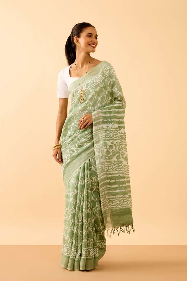 Light Green Rajasthan Cotton Viscose Dabu Block Printed Saree thumbnail image number null