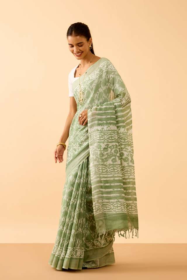 Light Green Rajasthan Cotton Viscose Dabu Block Printed Saree thumbnail image number null