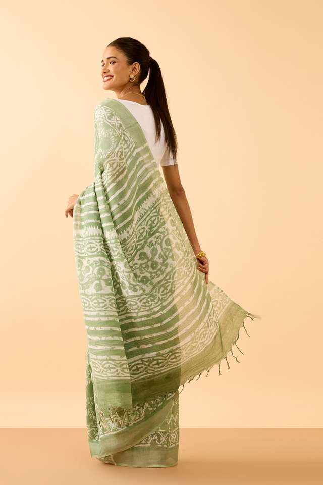 Light Green Rajasthan Cotton Viscose Dabu Block Printed Saree thumbnail image number null