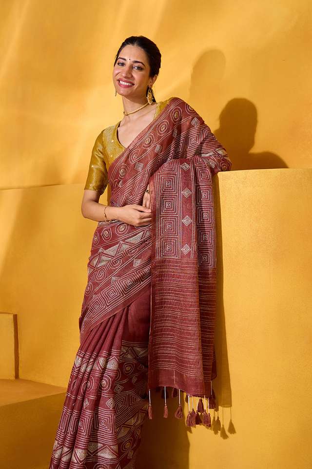 Red Tissue Linen Embroidered Saree image number