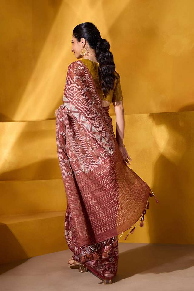 Red Tissue Linen Embroidered Saree thumbnail image number null