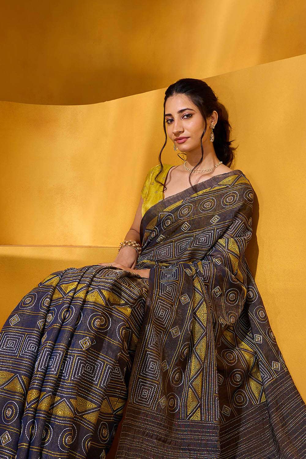 Dark Blue Tissue Linen Embroidered Saree image number null