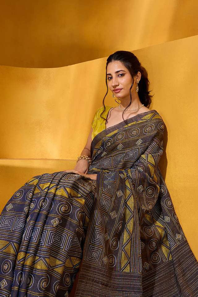 Dark Blue Tissue Linen Embroidered Saree