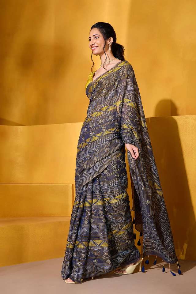 Dark Blue Tissue Linen Embroidered Saree thumbnail image number null