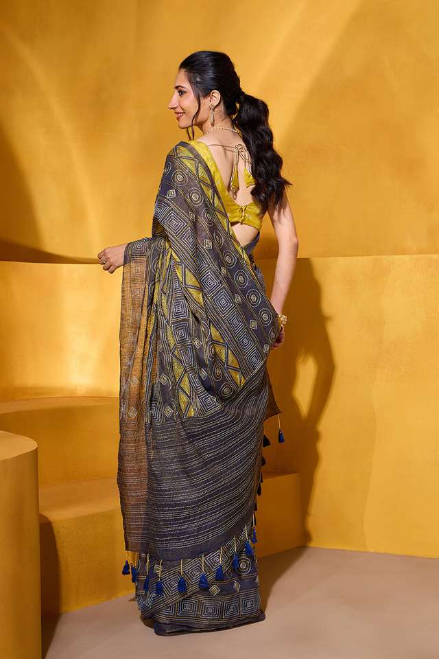 Dark Blue Tissue Linen Embroidered Saree thumbnail image number null