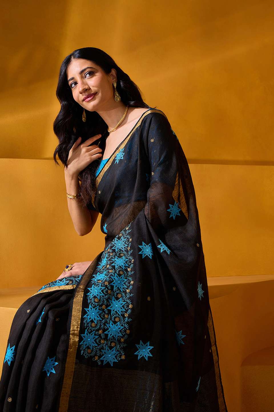 Black Pure Silk Linen Embroidered Saree