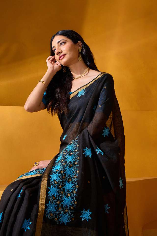 Black Pure Silk Linen Embroidered Saree thumbnail image number null