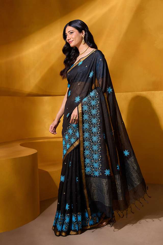 Black Pure Silk Linen Embroidered Saree thumbnail image number null