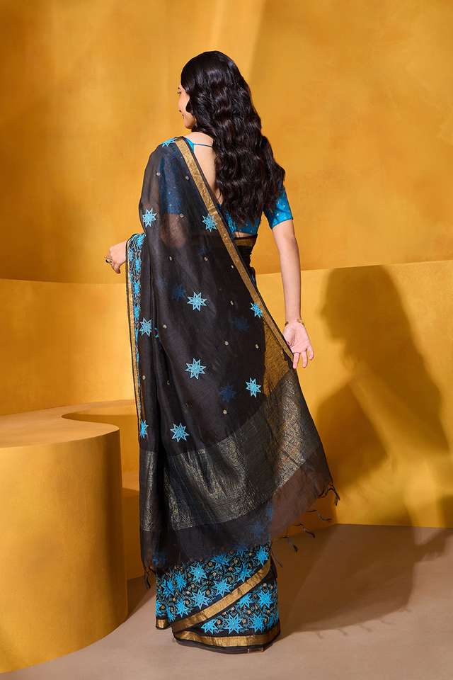 Black Pure Silk Linen Embroidered Saree thumbnail image number null