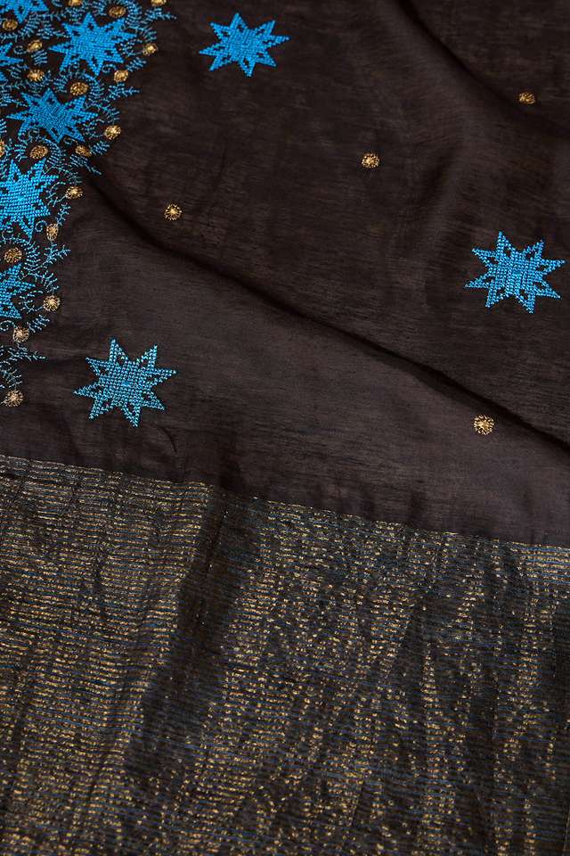 Black Pure Silk Linen Embroidered Saree thumbnail image number null