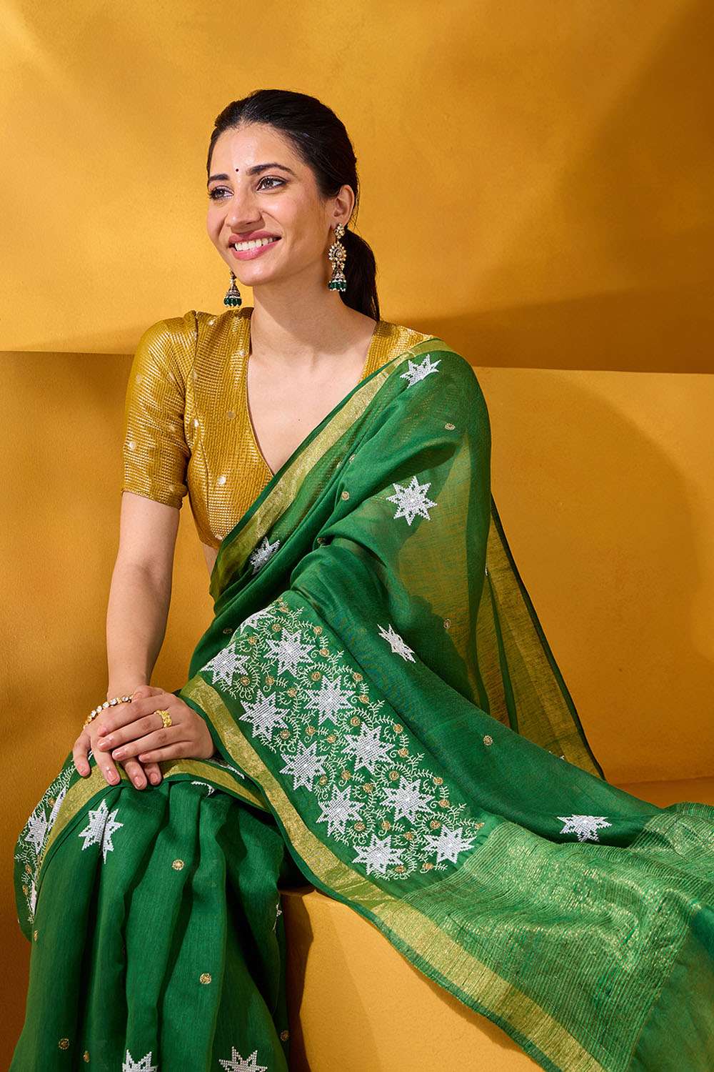 Green Pure Silk Linen Embroidered Saree image number null
